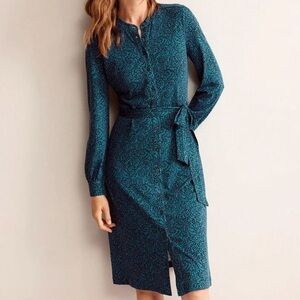 Boden Blue Teal Patterned Julia Jersey Midi Shirt Dress Women’s 8 Career Modest